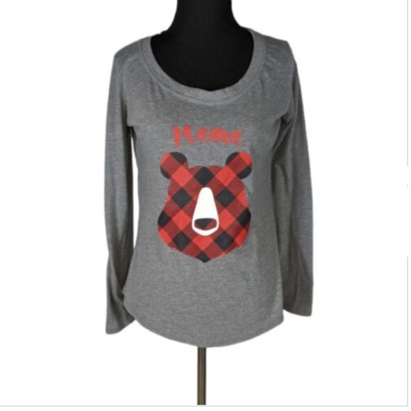 Wondershop by Target Tee Sz S Gray Mama Bear Buffalo Plaid Long Sleeve Sleep PJs - Picture 1 of 5